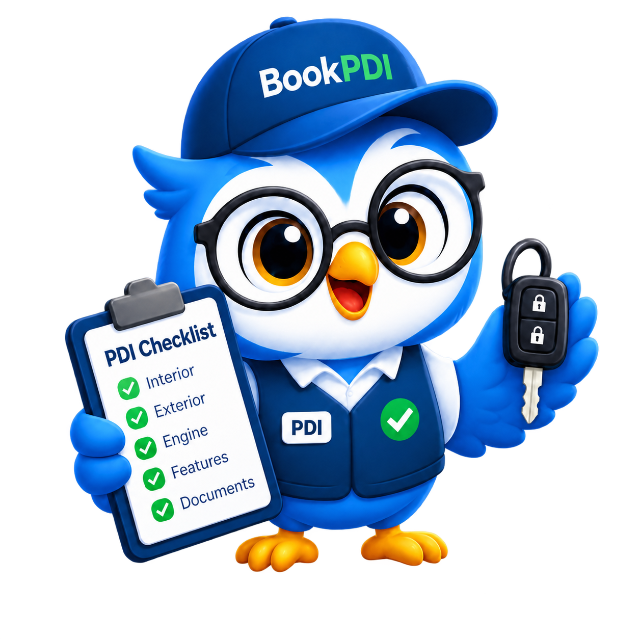 BookPDI inspection mascot holding a checklist and vehicle keys